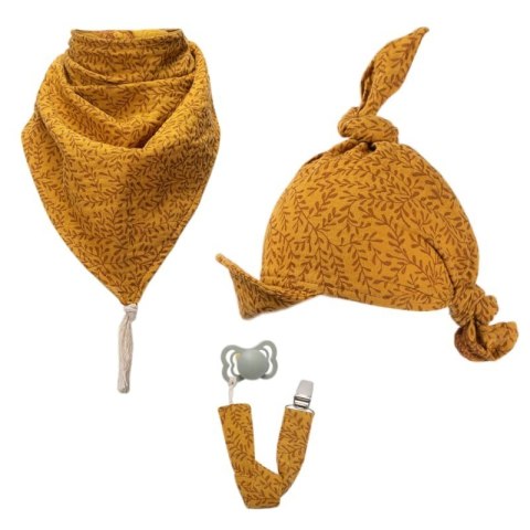 Hi Little One bandanka apaszka niemowlęca BOHO LEAF Ochre Pom Pom