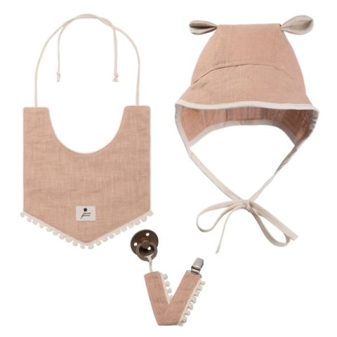 Hi Little One bonetka niemowlęca z daszkiem i uszkami BOHO LEO Powder roz S Pom Pom