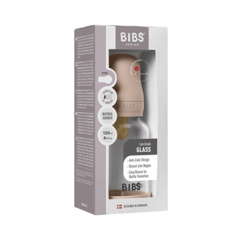 BIBS BUTELKA SZKLANA ze smoczkiem antykolkowym z kauczuku naturalnego poj 120 ml BLUSH