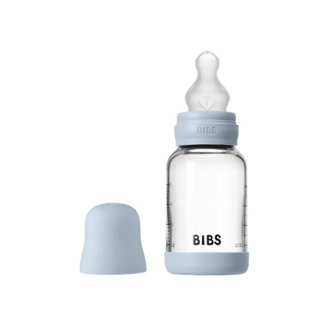 BIBS BUTELKA SZKLANA ze smoczkiem antykolkowym z silikonu medycznego poj 120 ml BABY BLUE
