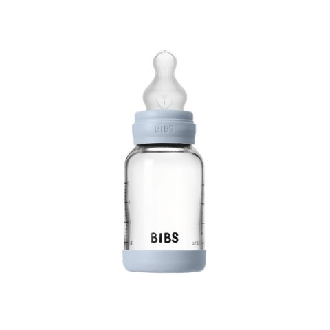 BIBS BUTELKA SZKLANA ze smoczkiem antykolkowym z silikonu medycznego poj 120 ml BABY BLUE