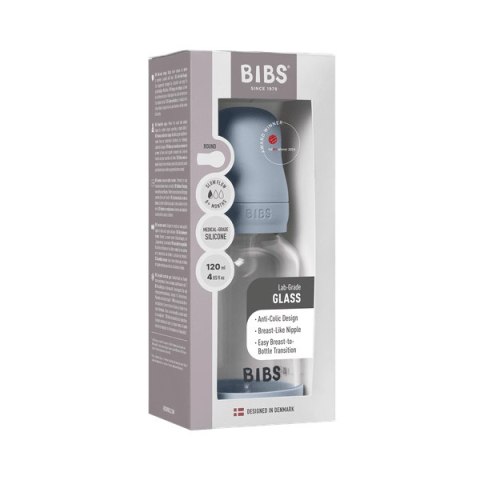 BIBS BUTELKA SZKLANA ze smoczkiem antykolkowym z silikonu medycznego poj 120 ml BABY BLUE