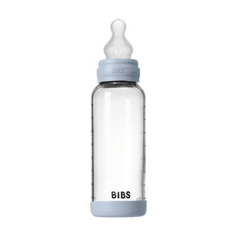 BIBS BUTELKA SZKLANA ze smoczkiem antykolkowym z silikonu medycznego poj 240 ml BABY BLUE