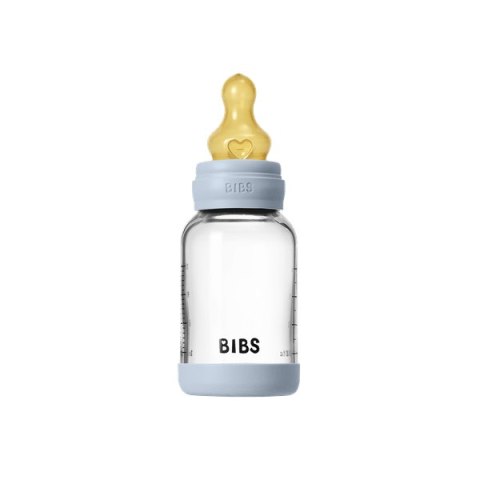 BIBS BUTELKA SZKLANA ze smoczkiem antykolkowym z kauczuku naturalnego poj. 120 ml BABY BLUE