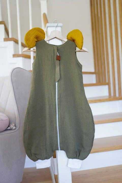 Hi Little One śpiworek do spania z nogawkami dla Niemowlaka TOG 1,0 BIO muślin ELEPHANT Green Hunter/Mustard roz M